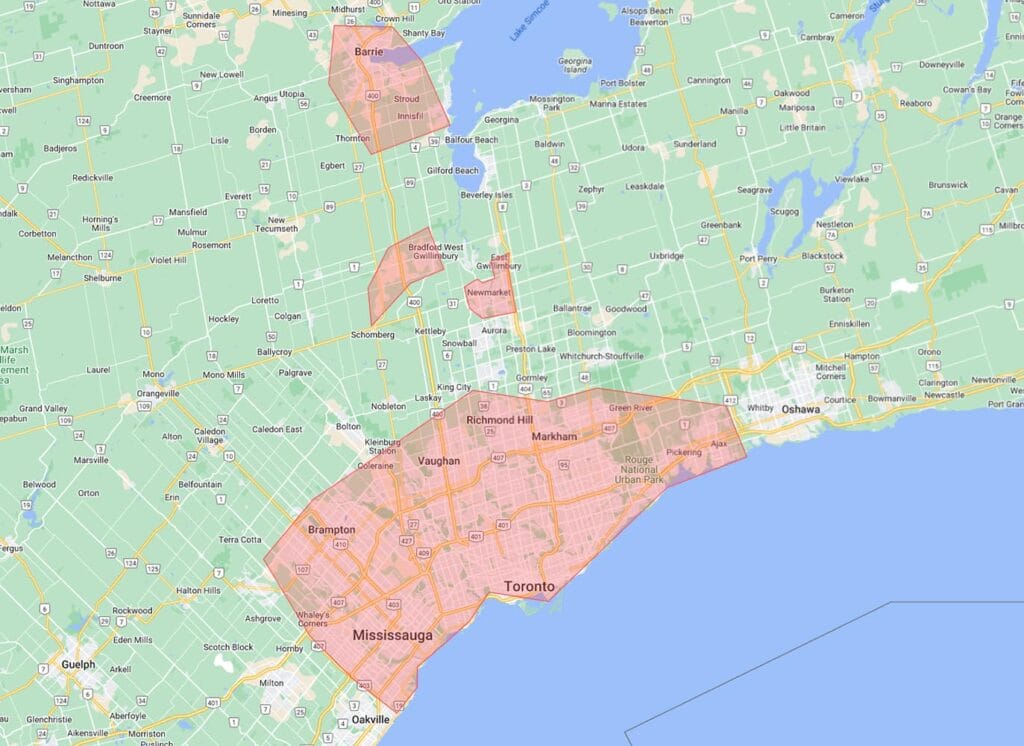 Yummi Buds cannabis delivery area map highlighting Toronto, Vaughan, Barrie, and other cities in Ontario